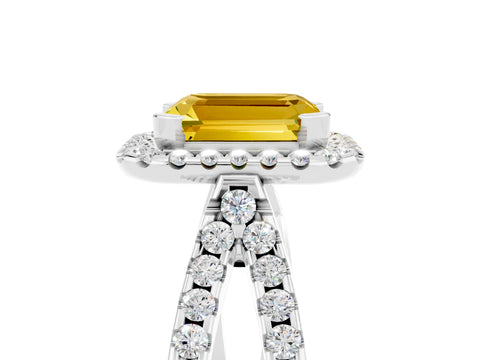 White gold Emerald Cut Yellow Sapphire Halo Ring with Split Shank Pavé Band and Prong Setting_17