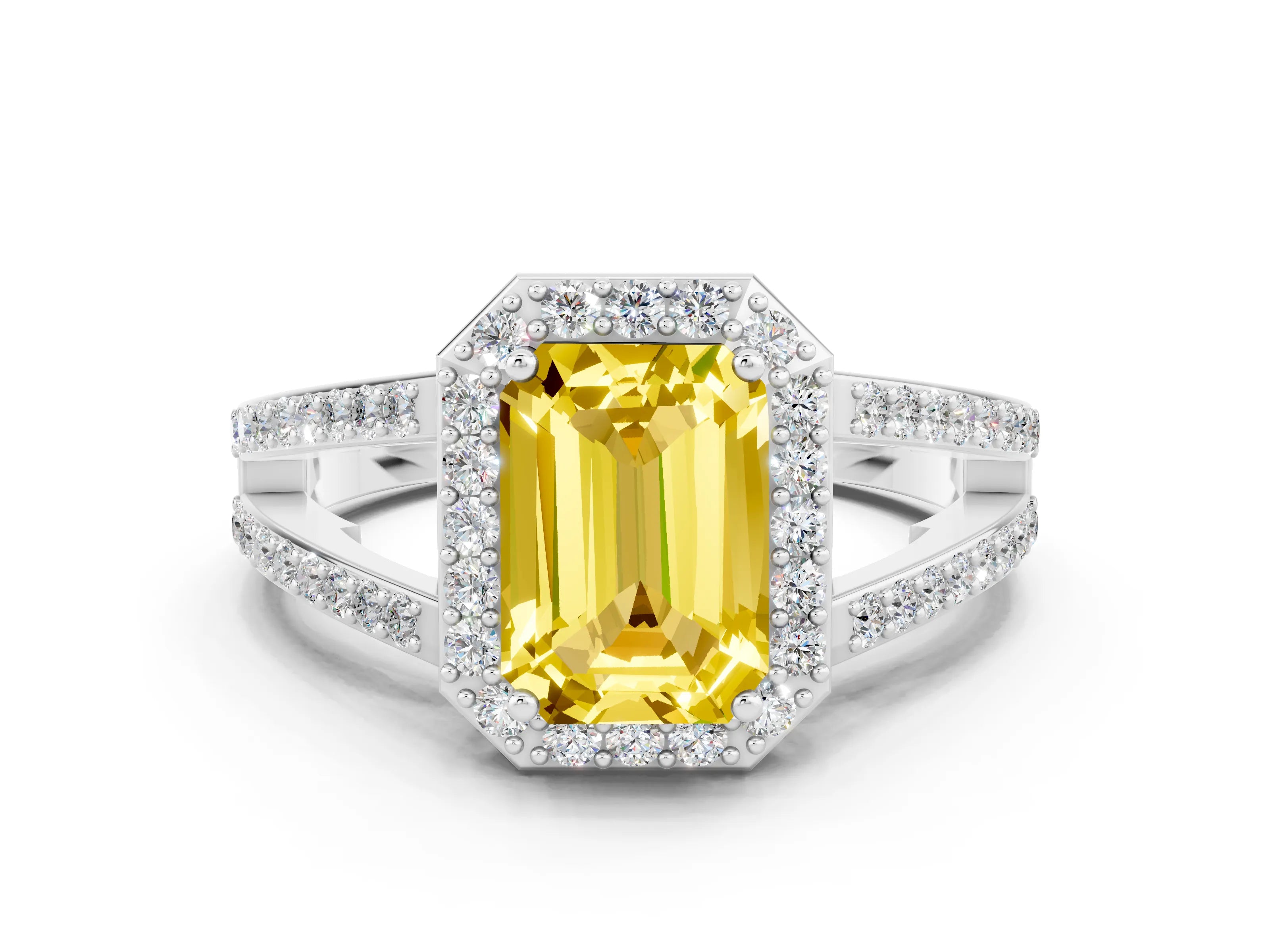 White gold Emerald Cut Yellow Sapphire Halo Ring with Split Shank U-Prong Band and Four-Prong Setting