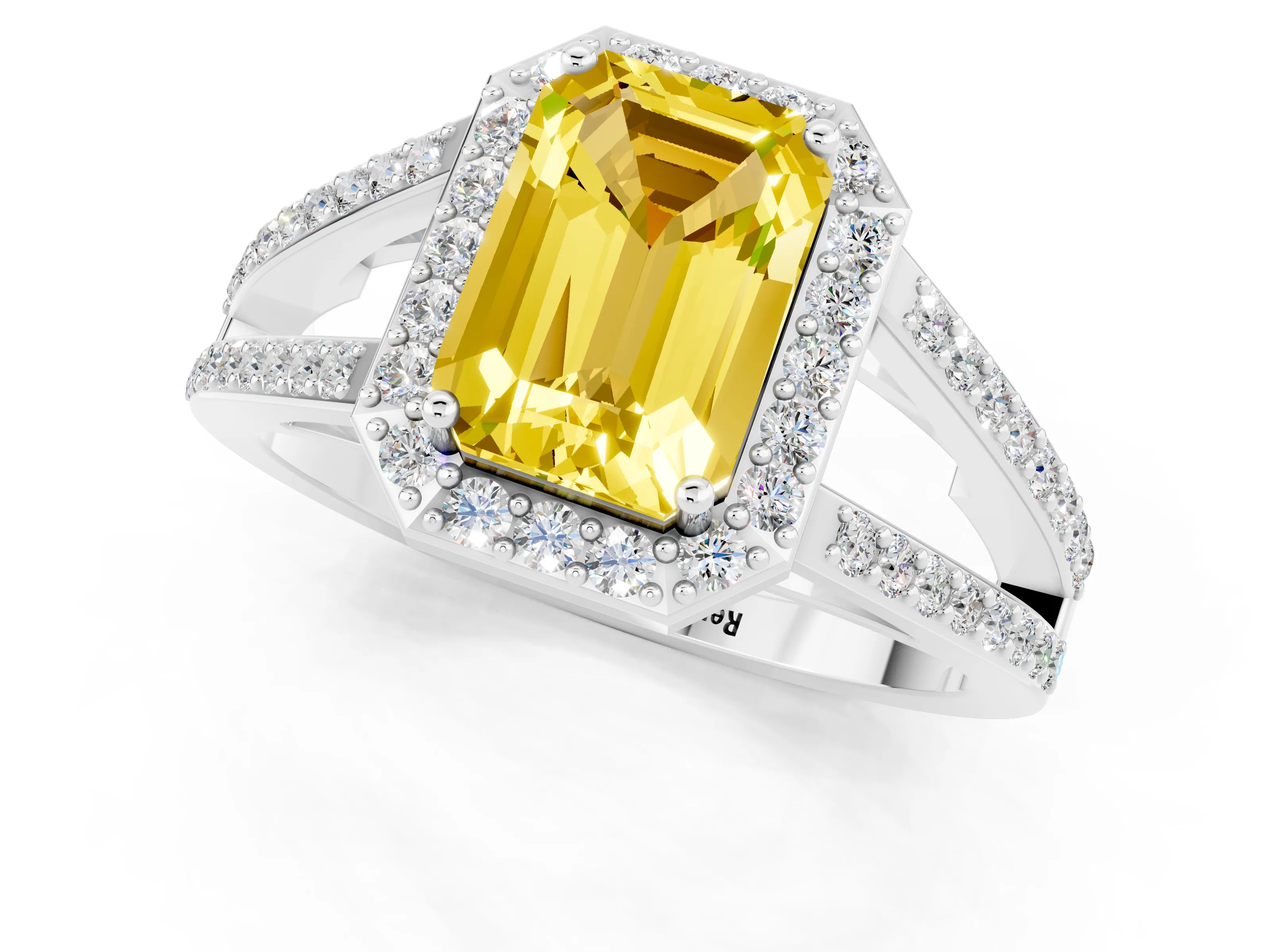 White gold Emerald Cut Yellow Sapphire Halo Ring with Split Shank U-Prong Band and Four-Prong Setting_1