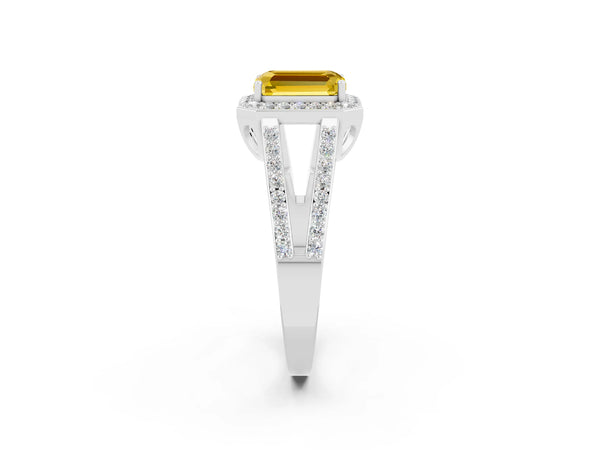 Platinum Emerald Cut Yellow Sapphire Halo Ring with Split Shank U-Prong Band and Four-Prong Setting