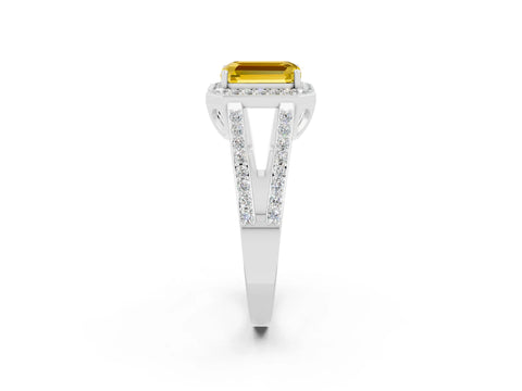 White gold Emerald Cut Yellow Sapphire Halo Ring with Split Shank U-Prong Band and Four-Prong Setting_2