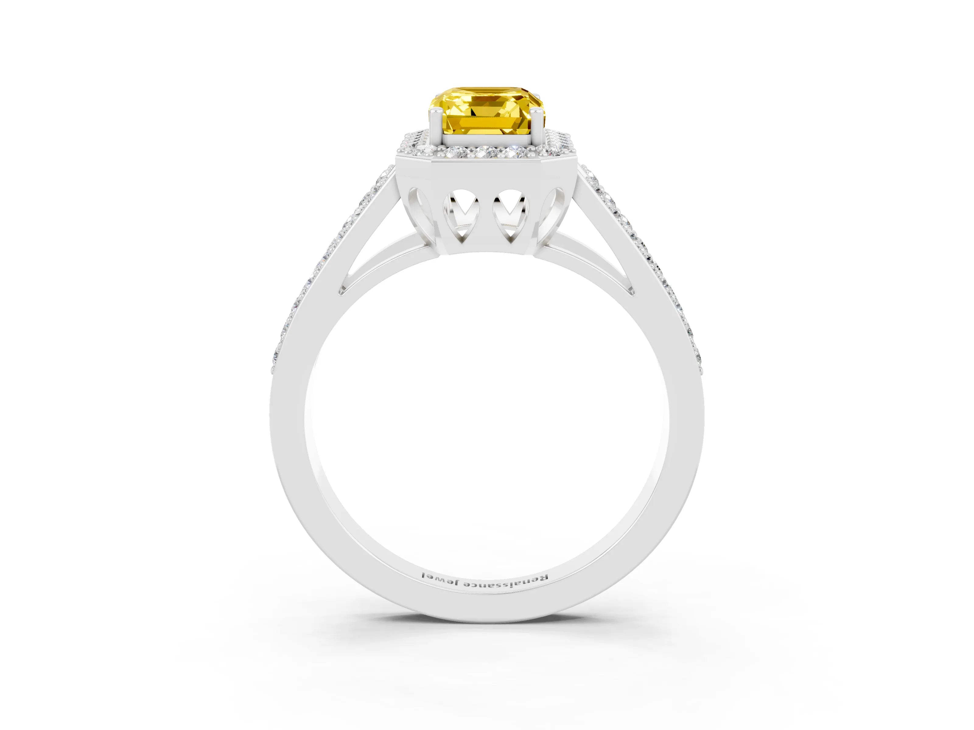 White gold Emerald Cut Yellow Sapphire Halo Ring with Split Shank U-Prong Band and Four-Prong Setting_3