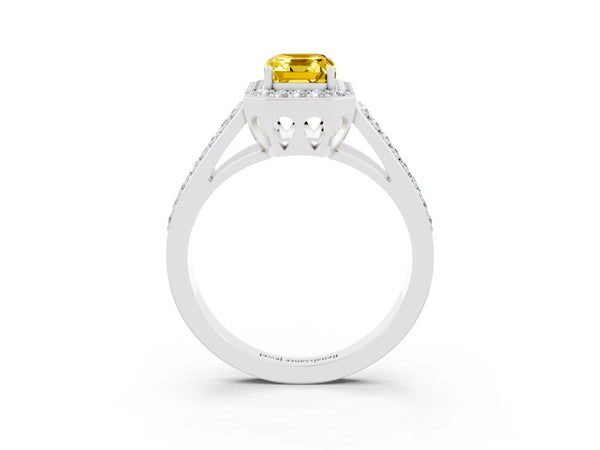 Silver Emerald Cut Yellow Sapphire Halo Ring with Split Shank U-Prong Band and Four-Prong Setting