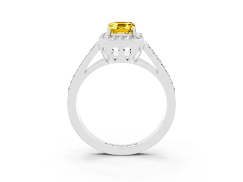 White gold Emerald Cut Yellow Sapphire Halo Ring with Split Shank U-Prong Band and Four-Prong Setting_3