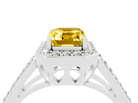White gold Emerald Cut Yellow Sapphire Halo Ring with Split Shank U-Prong Band and Four-Prong Setting_4