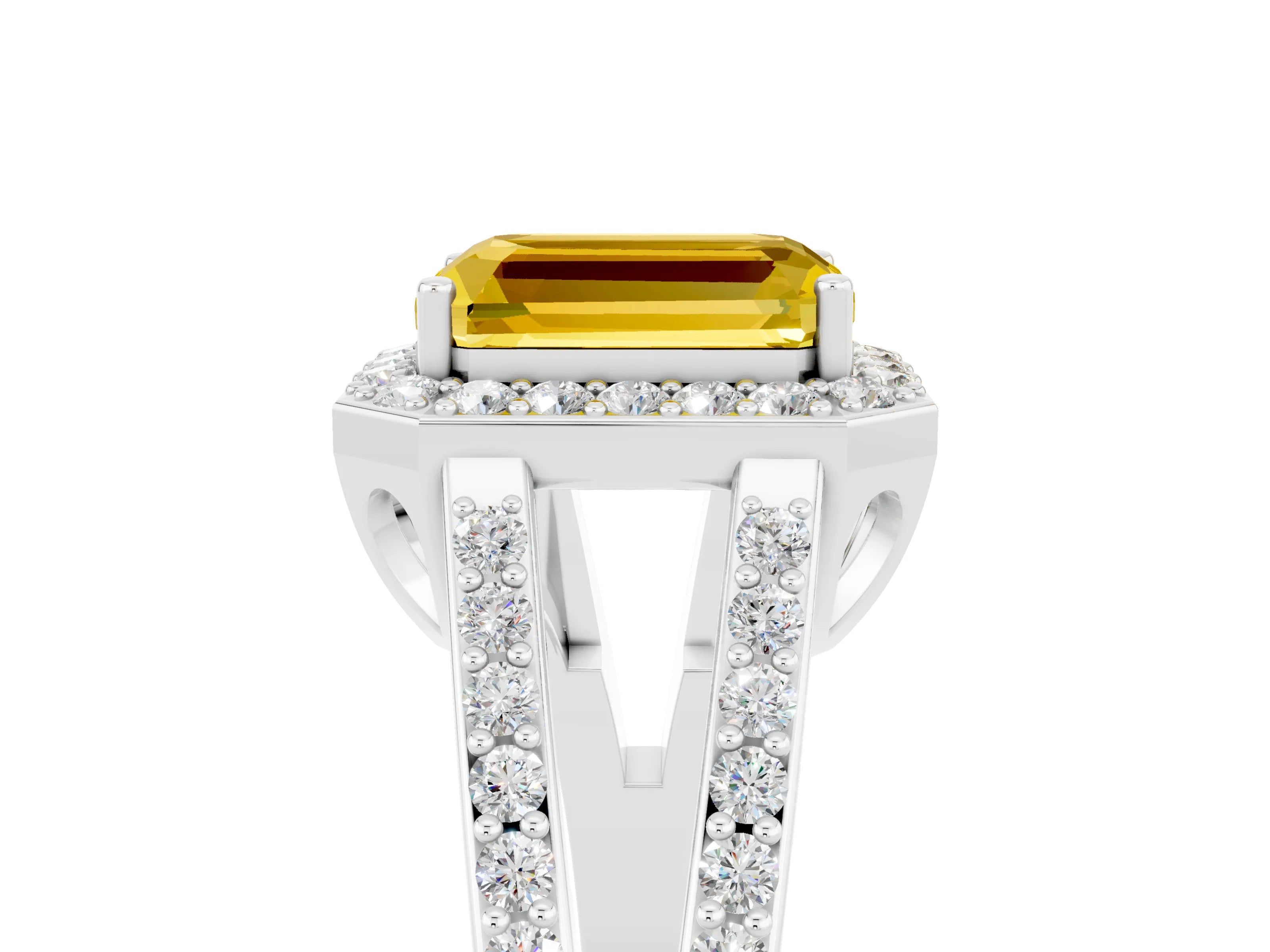 White gold Emerald Cut Yellow Sapphire Halo Ring with Split Shank U-Prong Band and Four-Prong Setting_5