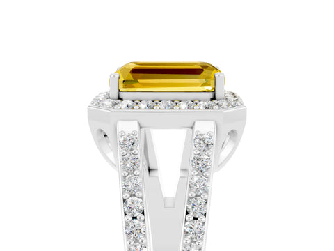 White gold Emerald Cut Yellow Sapphire Halo Ring with Split Shank U-Prong Band and Four-Prong Setting_5