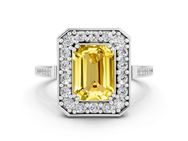 Platinum Emerald Cut Yellow Sapphire Halo Ring with Split Shank and Four-Prong Setting