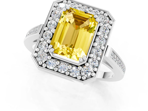 Platinum Emerald Cut Yellow Sapphire Halo Ring with Split Shank and Four-Prong Setting