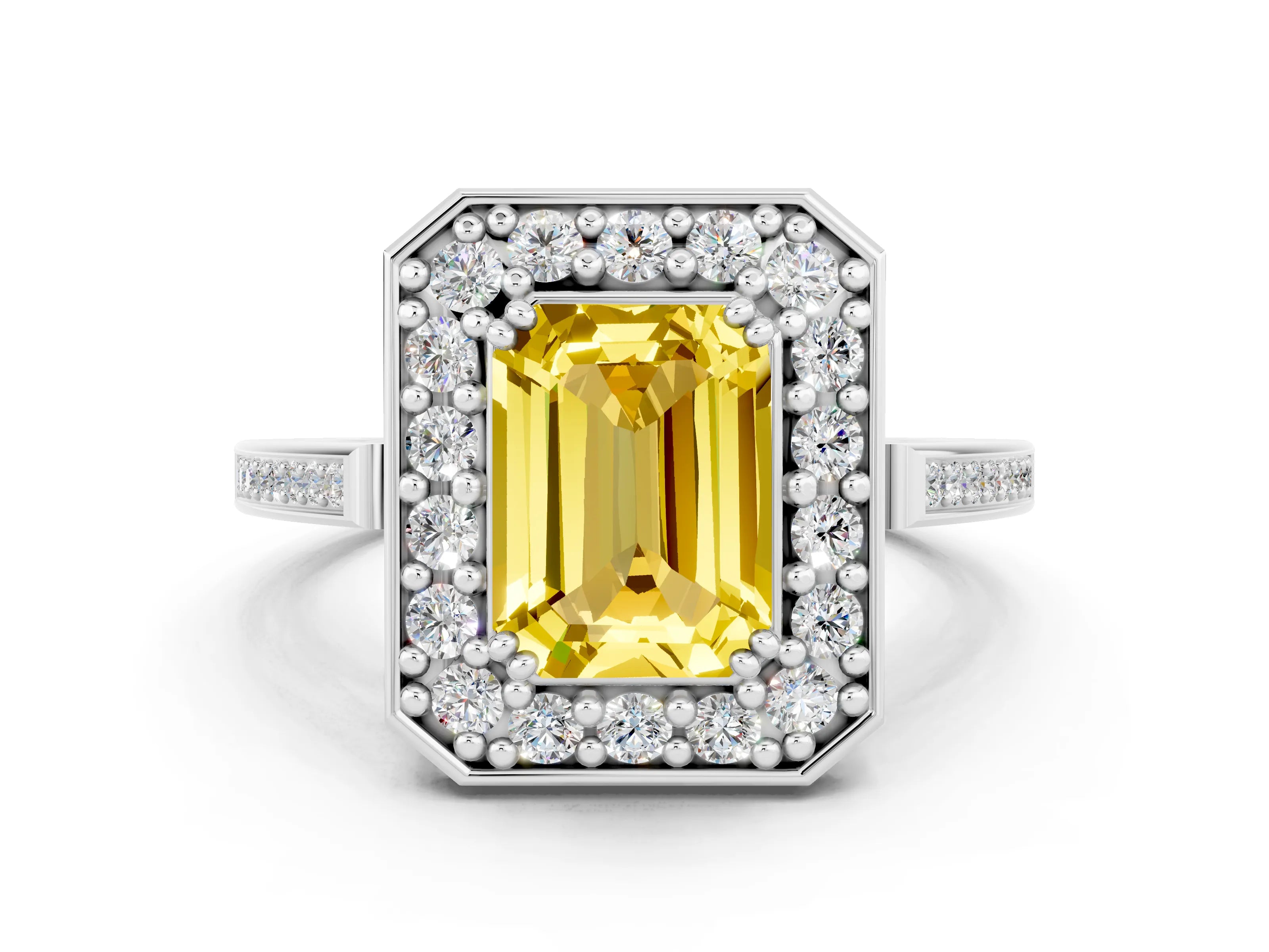 White gold Emerald Cut Yellow Sapphire Halo Ring with Split Shank and Four-Prong Setting_12