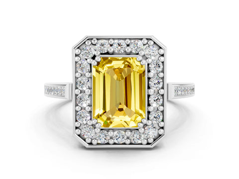 White gold Emerald Cut Yellow Sapphire Halo Ring with Split Shank and Four-Prong Setting_12