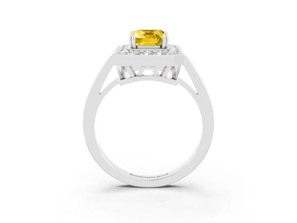 White gold Emerald Cut Yellow Sapphire Halo Ring with Split Shank and Four-Prong Setting