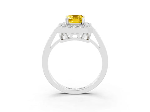 White gold Emerald Cut Yellow Sapphire Halo Ring with Split Shank and Four-Prong Setting_15