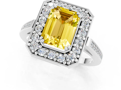 White gold Emerald Cut Yellow Sapphire Halo Ring with Split Shank and Four-Prong Setting_1