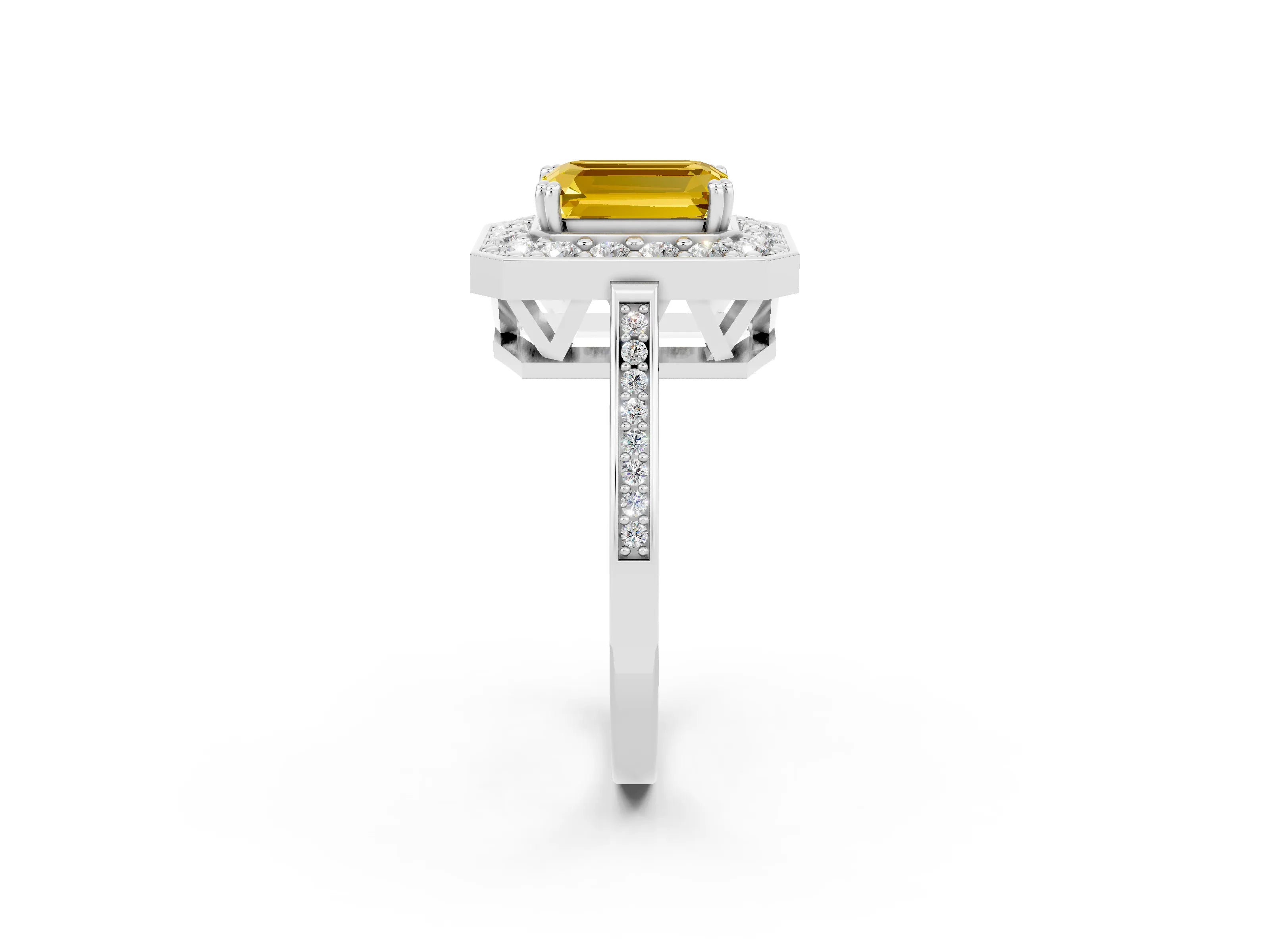 White gold Emerald Cut Yellow Sapphire Halo Ring with Split Shank and Four-Prong Setting_2
