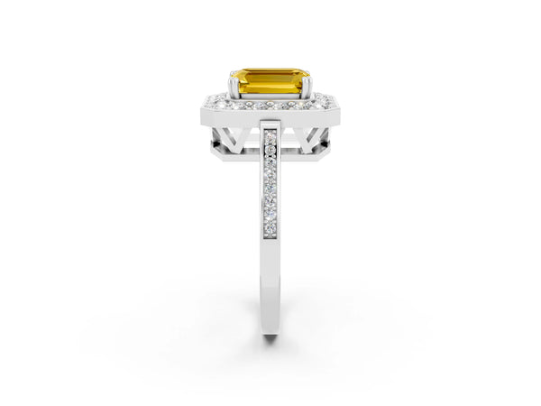 Platinum Emerald Cut Yellow Sapphire Halo Ring with Split Shank and Four-Prong Setting