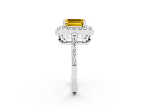 White gold Emerald Cut Yellow Sapphire Halo Ring with Split Shank and Four-Prong Setting_2