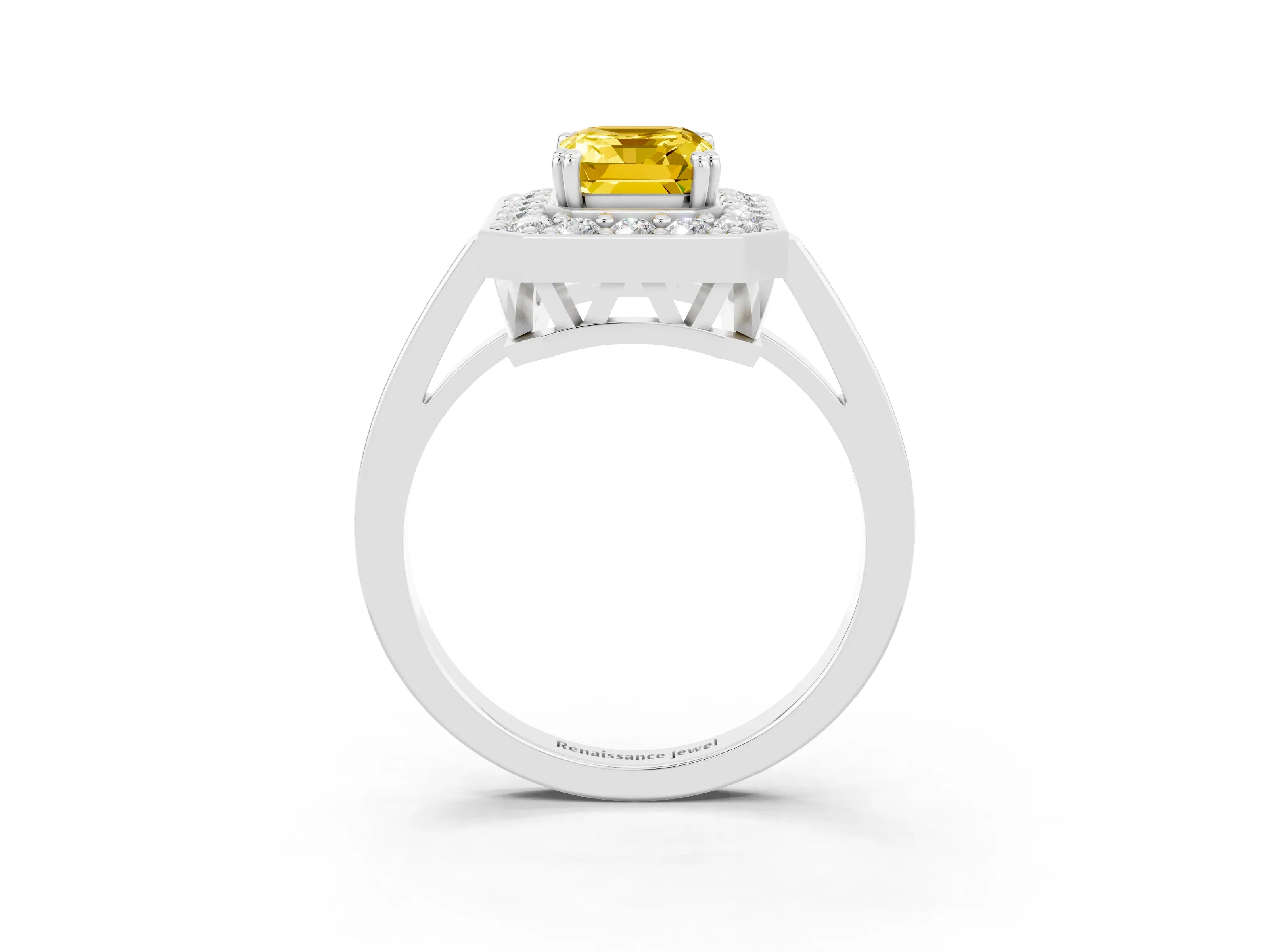 White gold Emerald Cut Yellow Sapphire Halo Ring with Split Shank and Four-Prong Setting_3