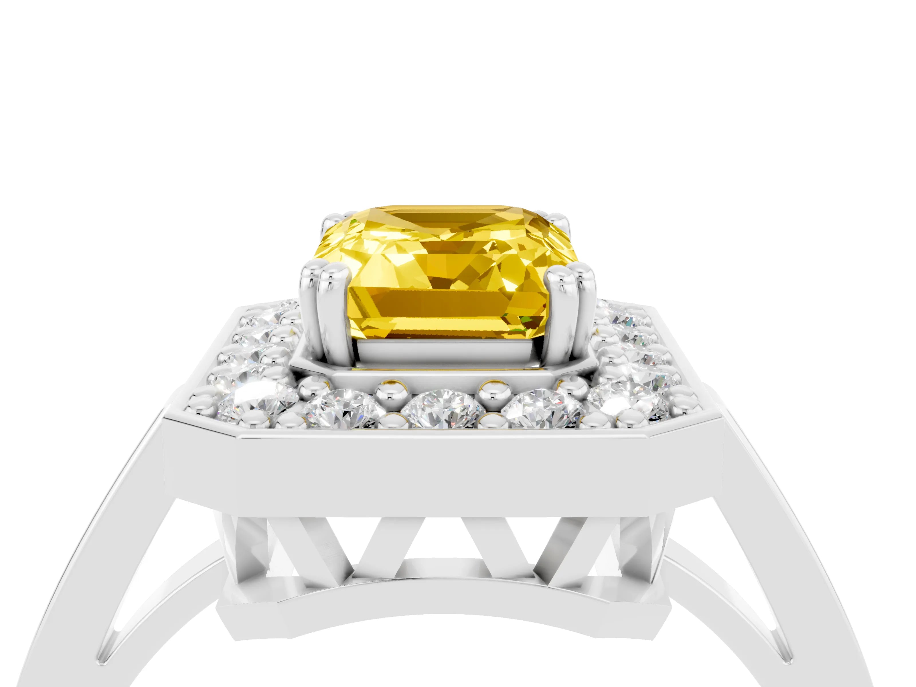 White gold Emerald Cut Yellow Sapphire Halo Ring with Split Shank and Four-Prong Setting_4