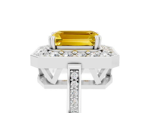 White gold Emerald Cut Yellow Sapphire Halo Ring with Split Shank and Four-Prong Setting_5
