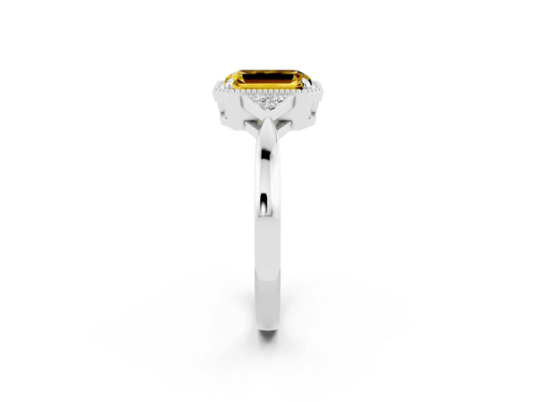 White gold Emerald Cut Yellow Sapphire Halo Ring with Tapered Band and Four-Prong Setting