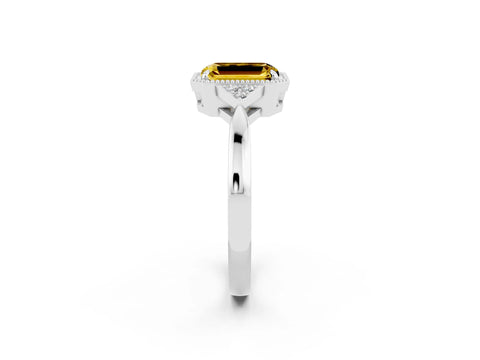 White gold Emerald Cut Yellow Sapphire Halo Ring with Tapered Band and Four-Prong Setting_2