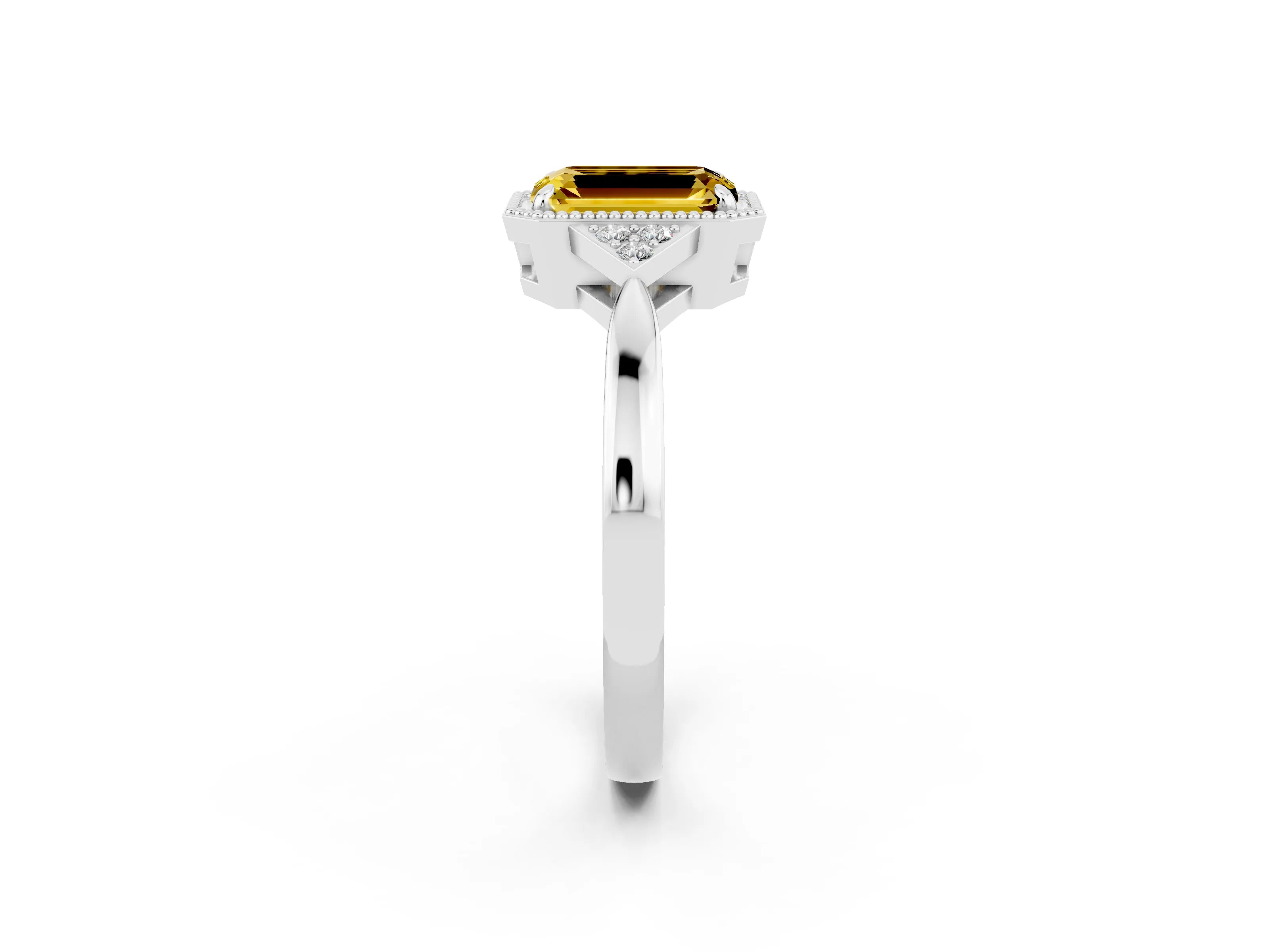 White gold Emerald Cut Yellow Sapphire Halo Ring with Tapered Band and Four-Prong Setting_2