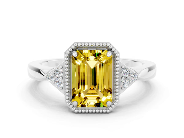 White gold Emerald Cut Yellow Sapphire Halo Ring with Tapered Band and Four-Prong Setting
