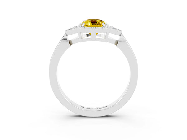 Platinum Emerald Cut Yellow Sapphire Halo Ring with Tapered Band and Four-Prong Setting