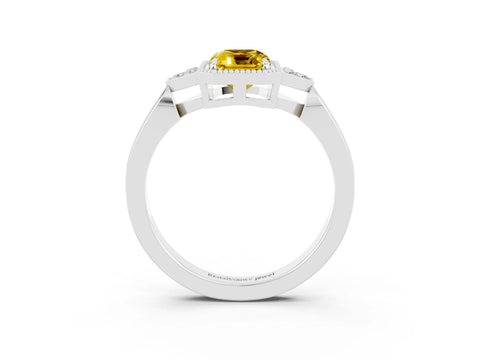 White gold Emerald Cut Yellow Sapphire Halo Ring with Tapered Band and Four-Prong Setting_3