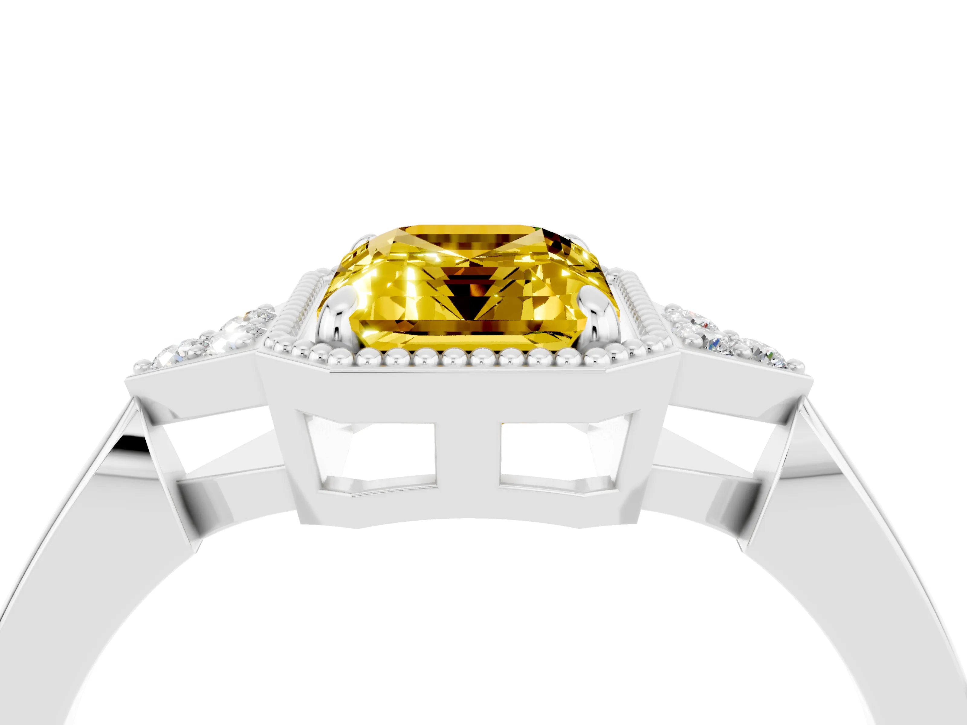 White gold Emerald Cut Yellow Sapphire Halo Ring with Tapered Band and Four-Prong Setting_4