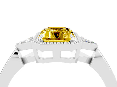 White gold Emerald Cut Yellow Sapphire Halo Ring with Tapered Band and Four-Prong Setting_4