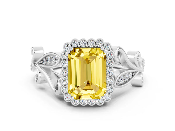 Platinum Emerald Cut Yellow Sapphire Halo Ring with Vintage Split Shank and Four-Prong Setting