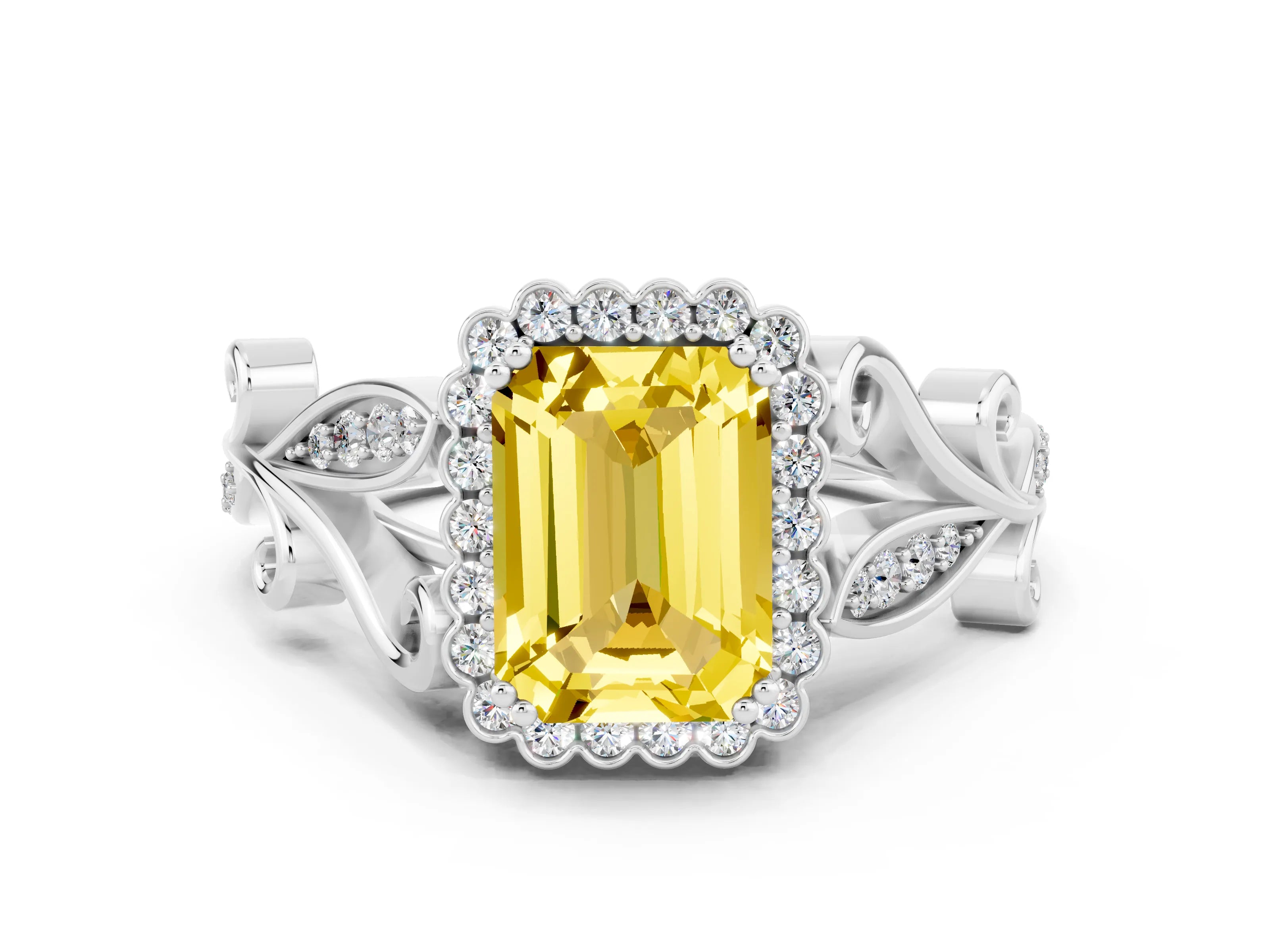 White gold Emerald Cut Yellow Sapphire Halo Ring with Vintage Split Shank and Four-Prong Setting_24