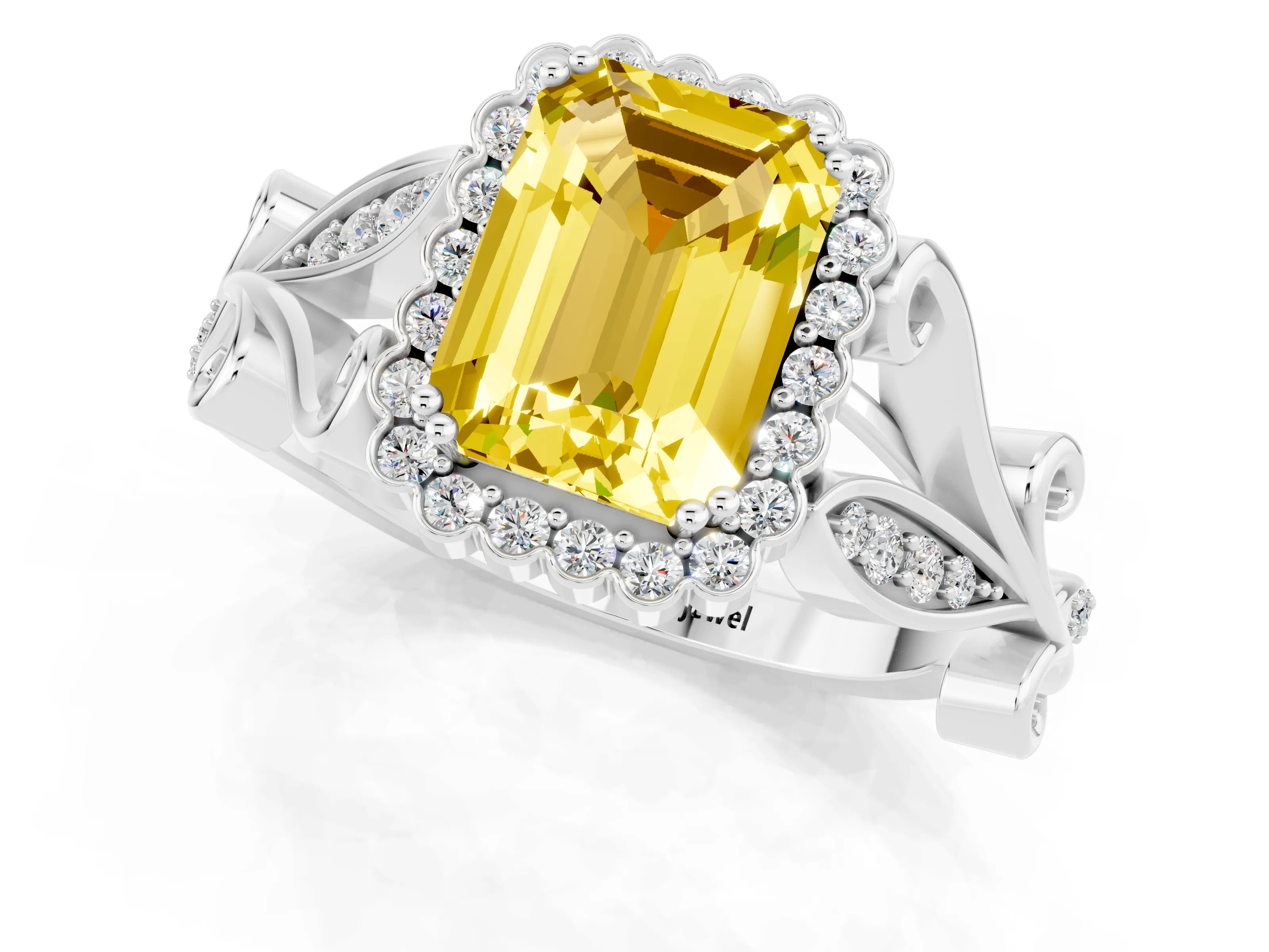White gold Emerald Cut Yellow Sapphire Halo Ring with Vintage Split Shank and Four-Prong Setting_25