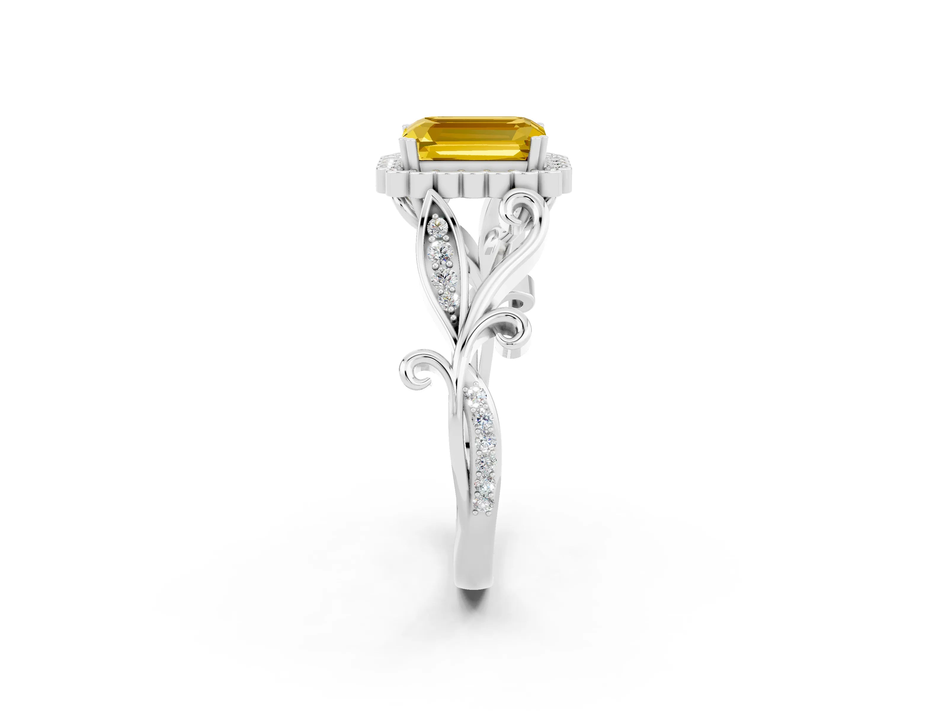 White gold Emerald Cut Yellow Sapphire Halo Ring with Vintage Split Shank and Four-Prong Setting_26