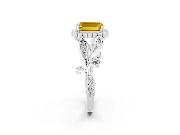 Platinum Emerald Cut Yellow Sapphire Halo Ring with Vintage Split Shank and Four-Prong Setting