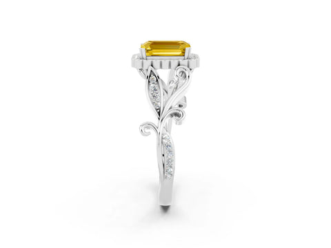 White gold Emerald Cut Yellow Sapphire Halo Ring with Vintage Split Shank and Four-Prong Setting_26