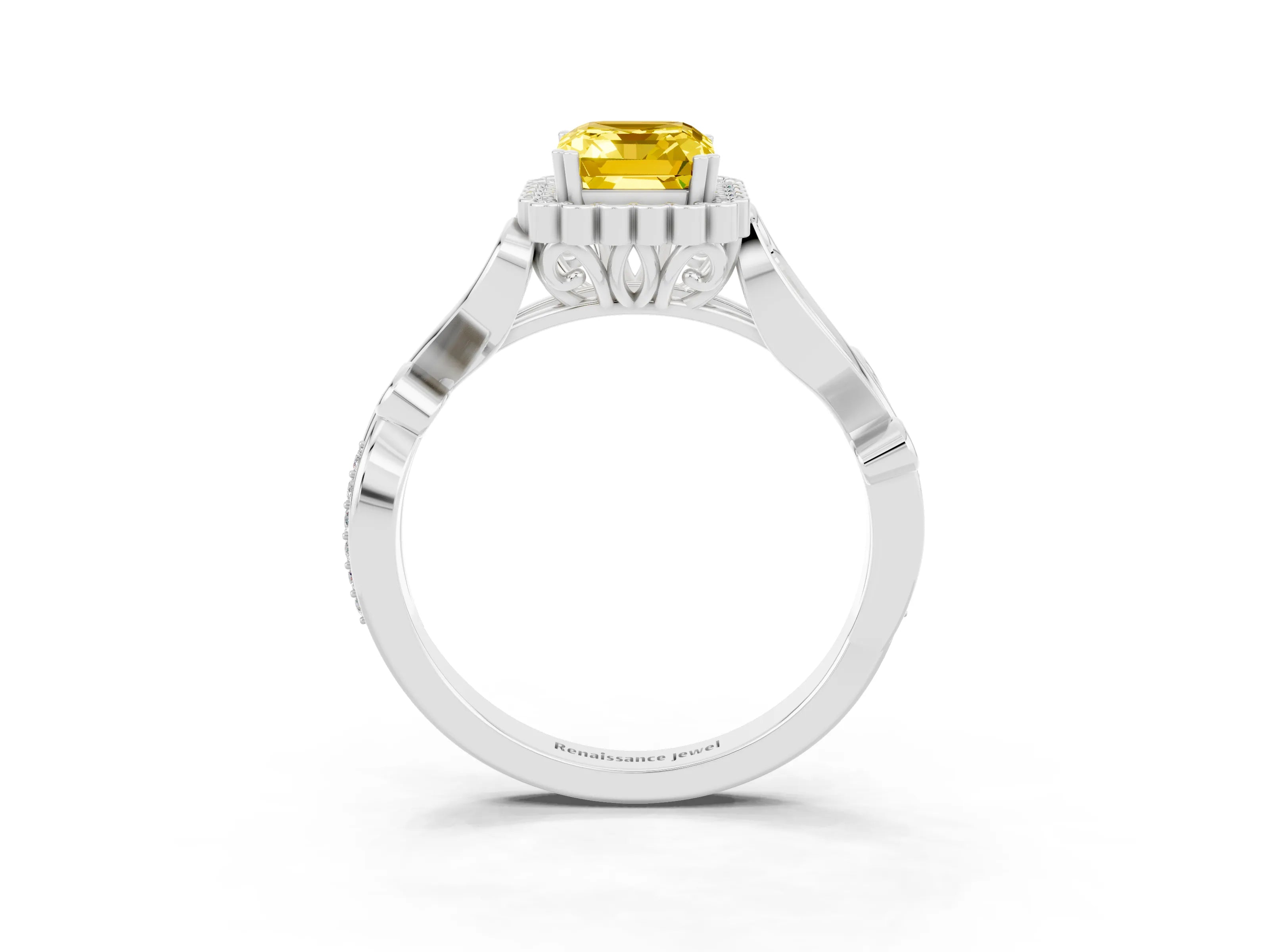 White gold Emerald Cut Yellow Sapphire Halo Ring with Vintage Split Shank and Four-Prong Setting_27