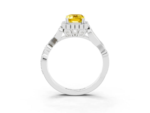 White gold Emerald Cut Yellow Sapphire Halo Ring with Vintage Split Shank and Four-Prong Setting_27