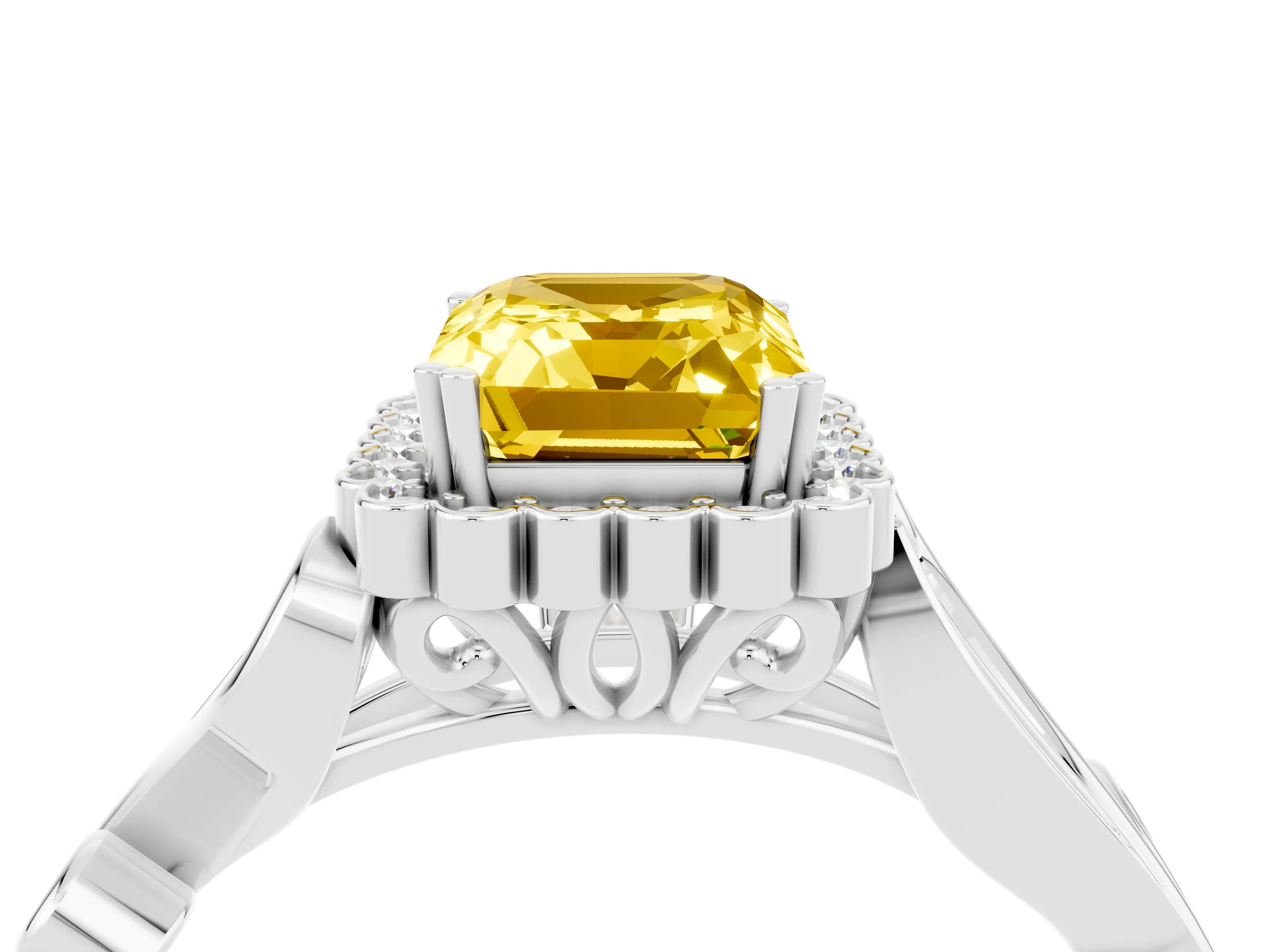 White gold Emerald Cut Yellow Sapphire Halo Ring with Vintage Split Shank and Four-Prong Setting_28