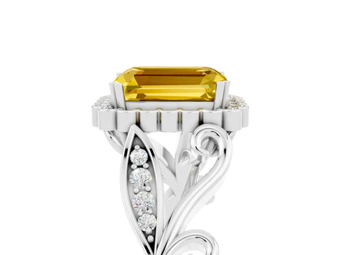 White gold Emerald Cut Yellow Sapphire Halo Ring with Vintage Split Shank and Four-Prong Setting_29