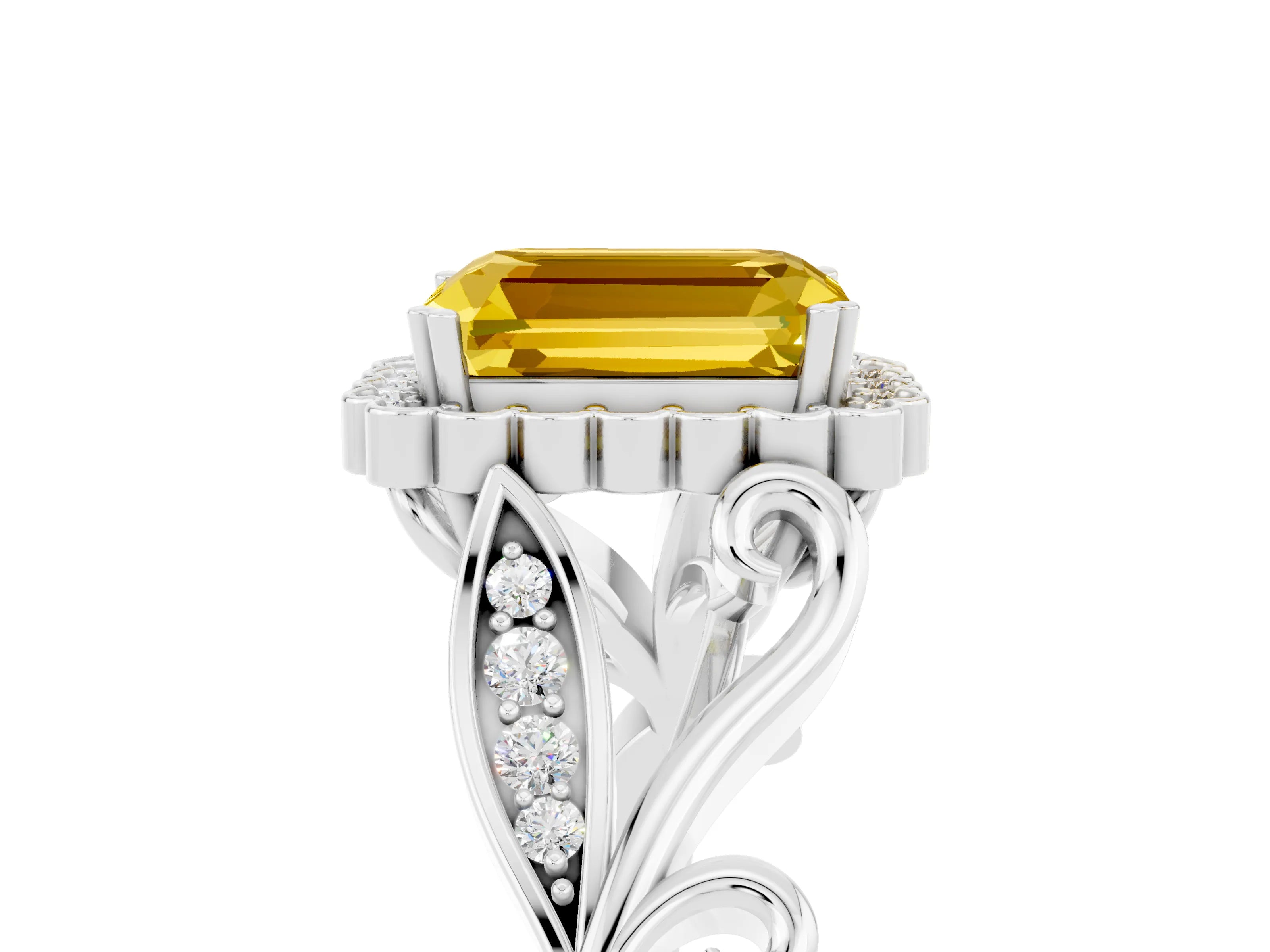White gold Emerald Cut Yellow Sapphire Halo Ring with Vintage Split Shank and Four-Prong Setting_29