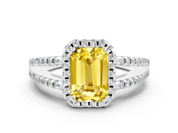 Platinum Emerald Cut Yellow Sapphire Halo Split Shank Engagement Ring