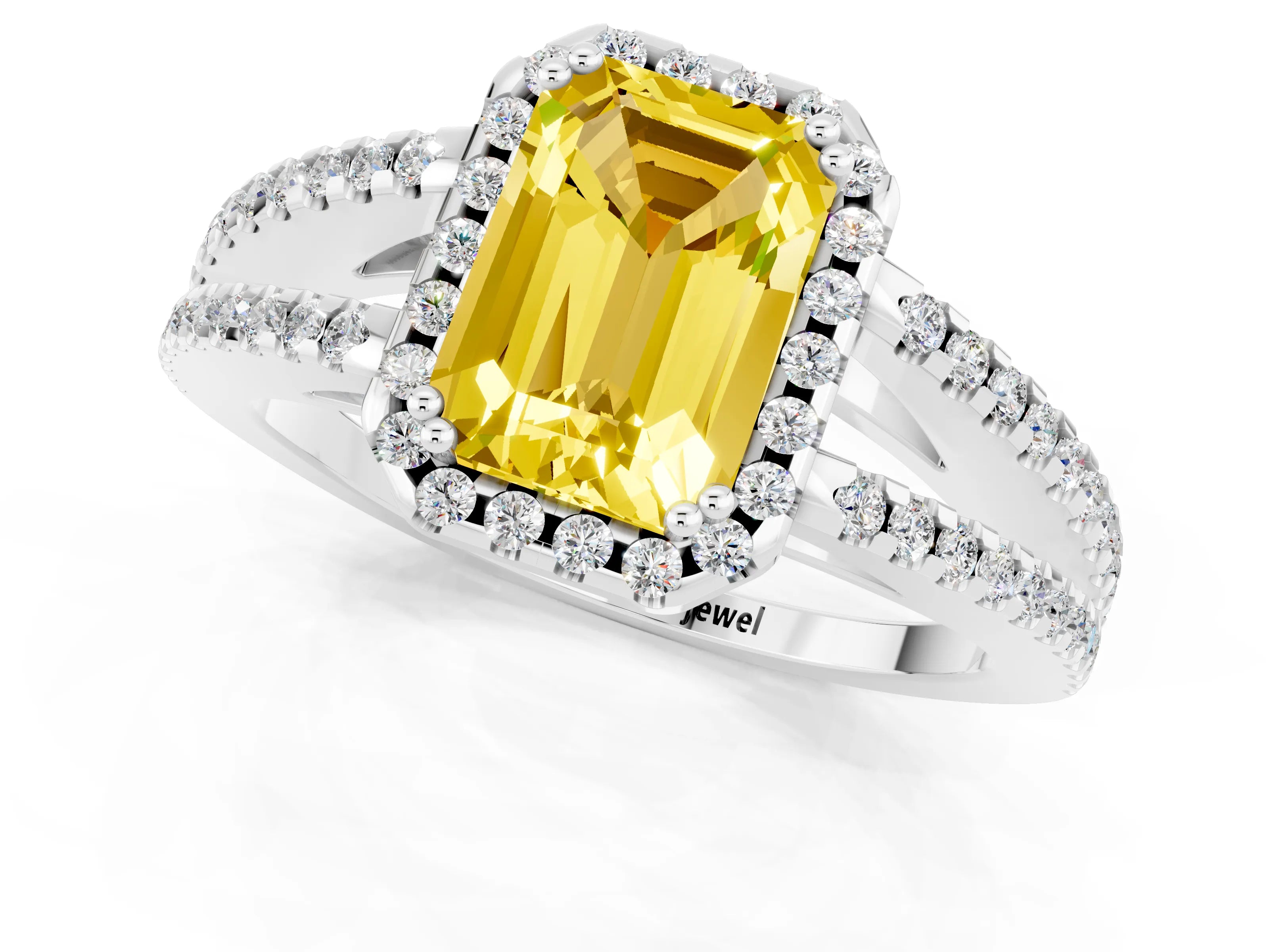 White gold Emerald Cut Yellow Sapphire Halo Split Shank Engagement Ring_13