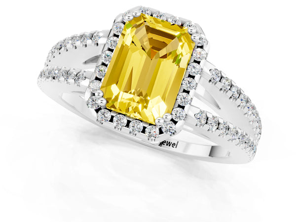 White gold Emerald Cut Yellow Sapphire Halo Split Shank Engagement Ring