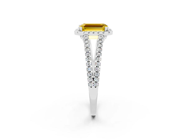 White gold Emerald Cut Yellow Sapphire Halo Split Shank Engagement Ring