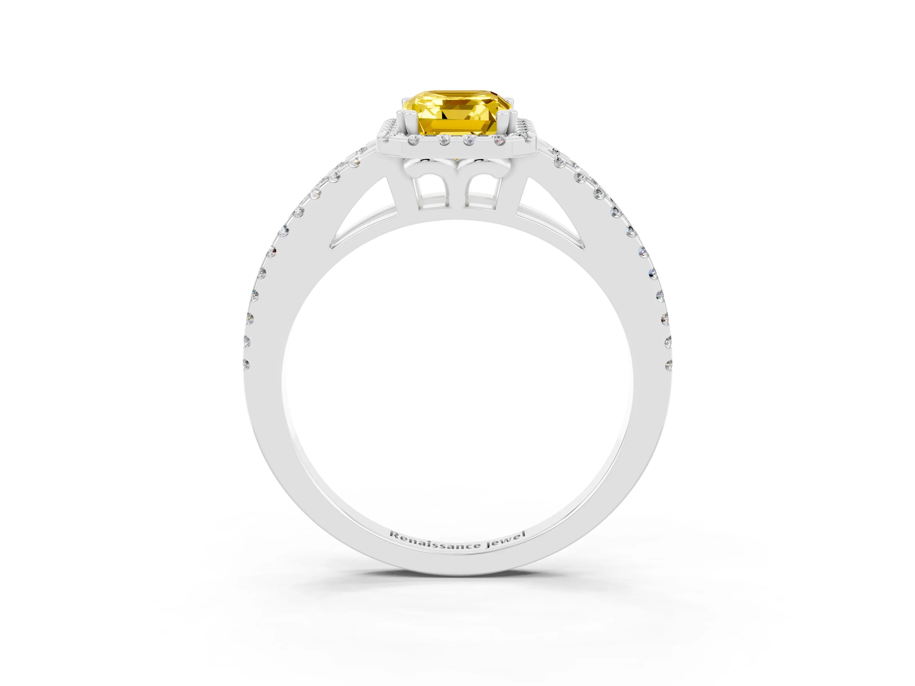 White gold Emerald Cut Yellow Sapphire Halo Split Shank Engagement Ring_15
