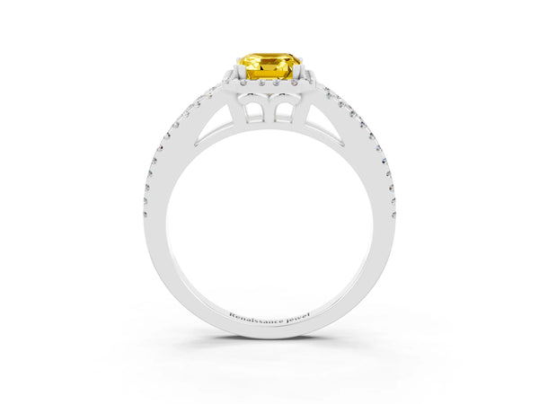 White gold Emerald Cut Yellow Sapphire Halo Split Shank Engagement Ring