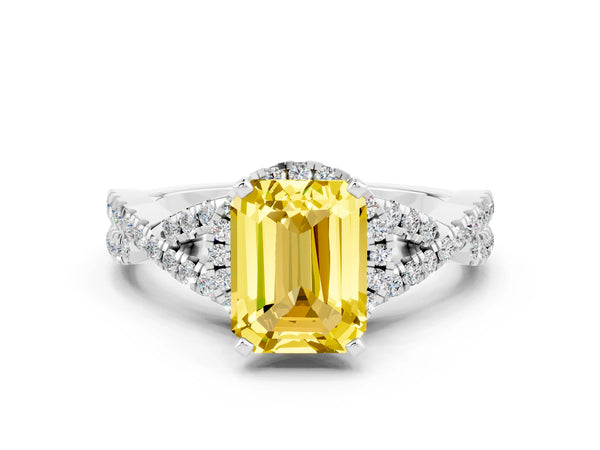 White gold Emerald Cut Yellow Sapphire  Halo Twist Band Solitaire Prong Setting Ring